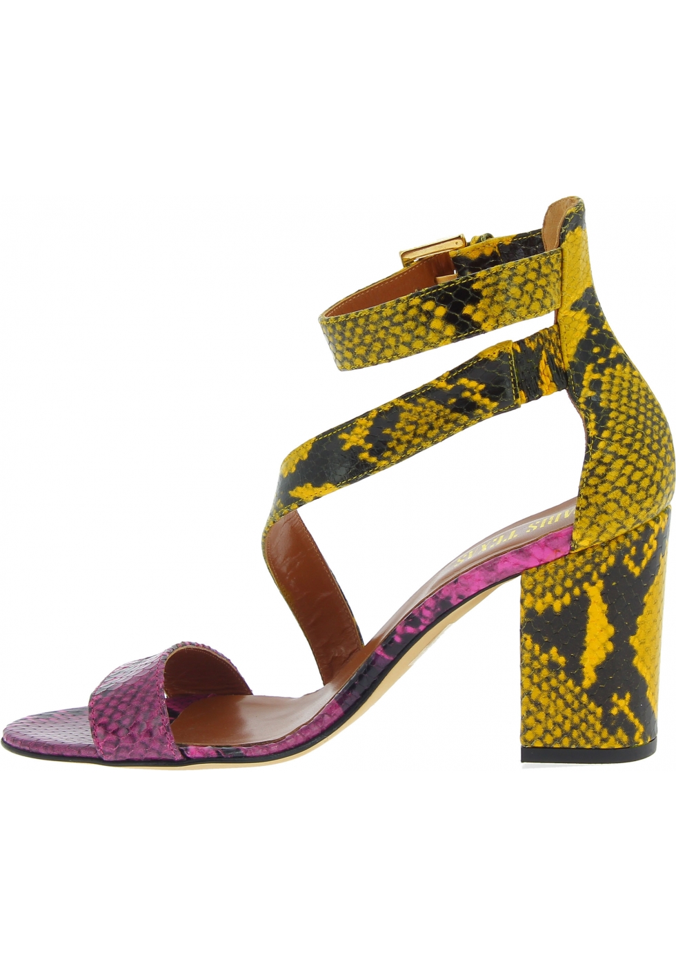 Paris Texas Women's ankle strap heels sandals in multicolored python