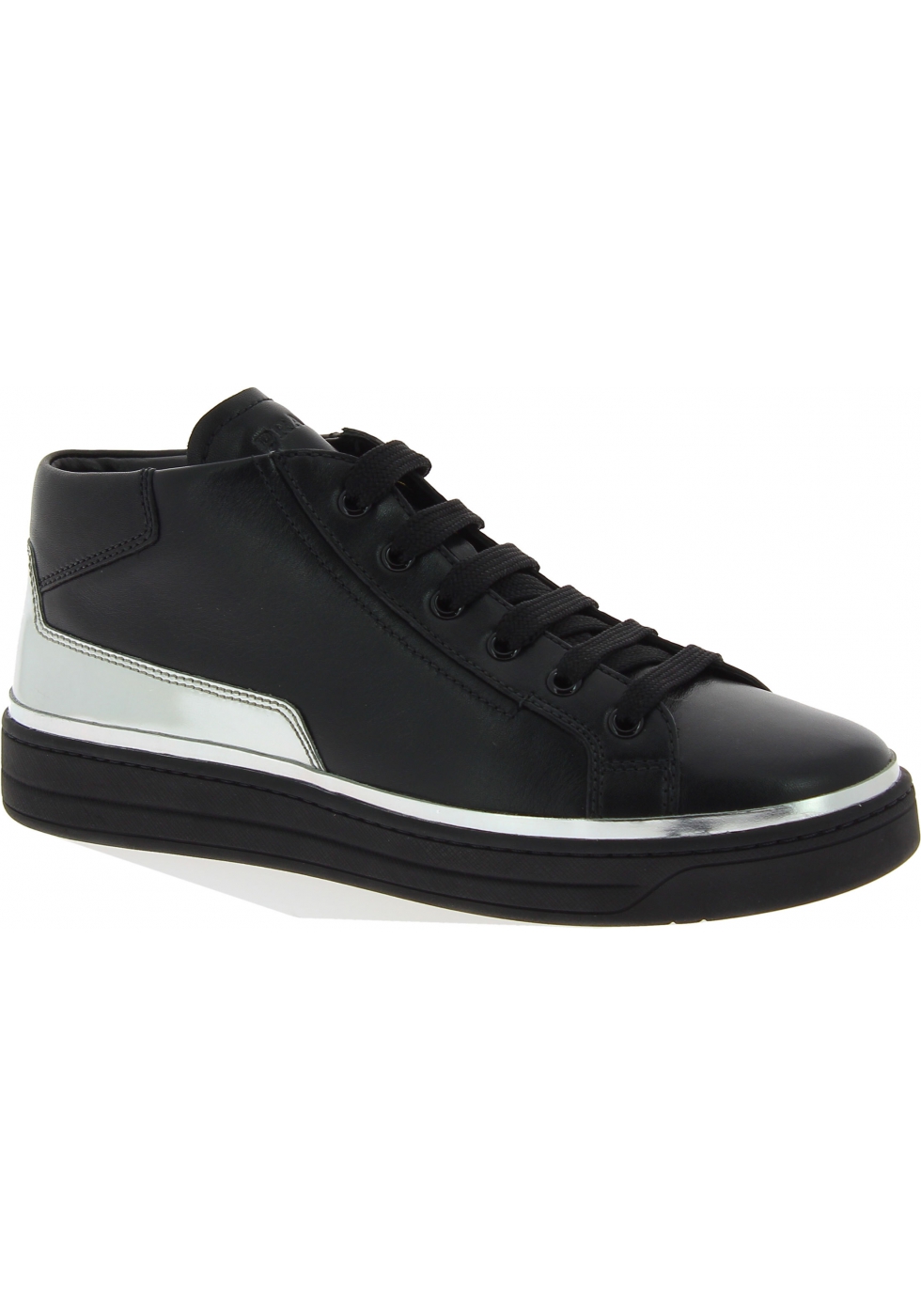Prada Women&#39;s high top lace-ups sneakers shoes in black silver calf leather - Italian Boutique