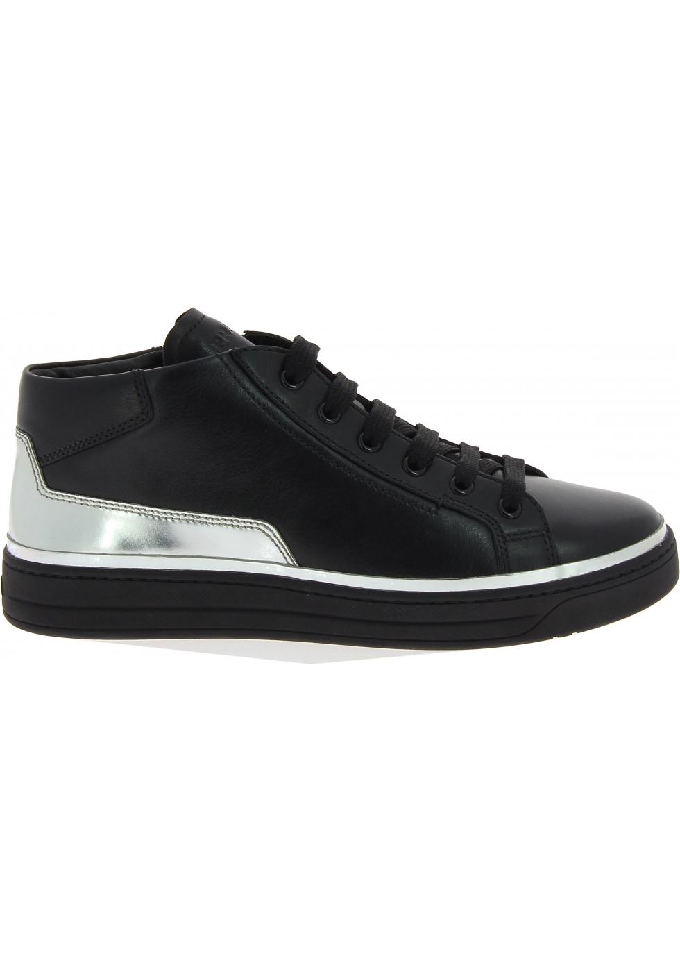 Prada Women&#39;s high top lace-ups sneakers shoes in black silver calf leather - Italian Boutique