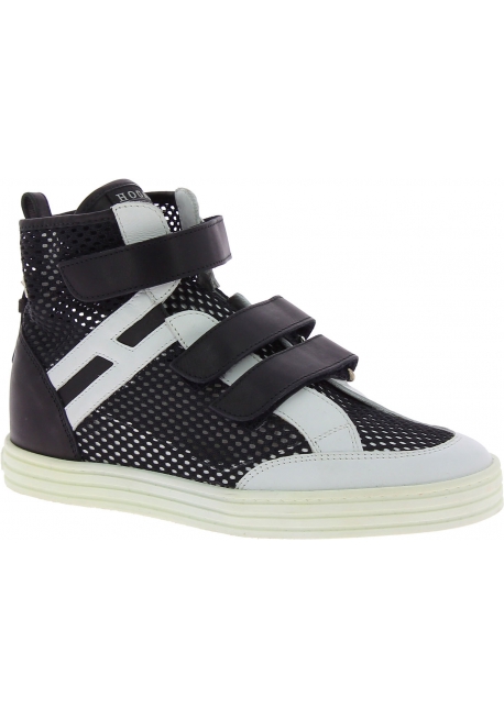 Hogan Women's high top fashion sneakers in white black leather and fabric