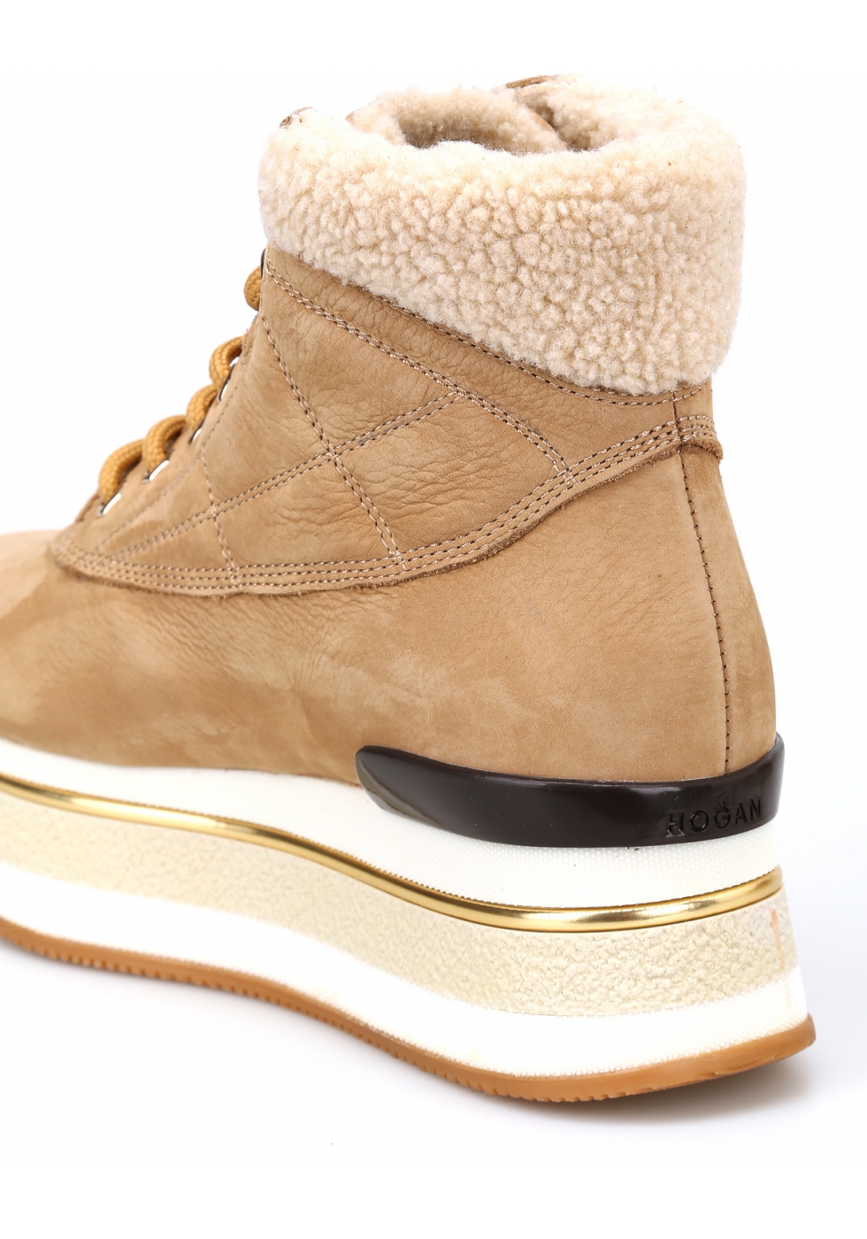 Hogan women's wedge ankle boots in beige nubuck and wool - Italian Boutique