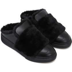 Hogan women's winter slippers in black leather and fur