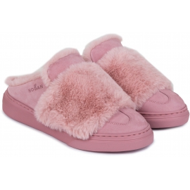 Hogan women's winter slippers in pink leather and fur