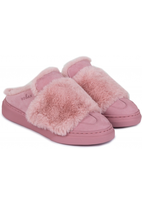 Hogan women's winter slippers in pink leather and fur