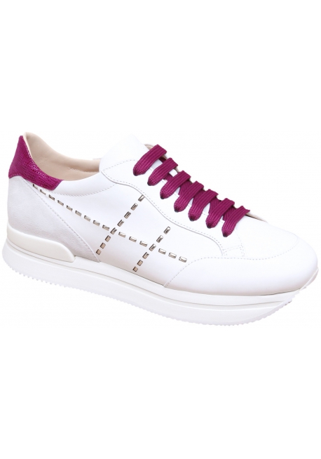 Hogan Women's fashion wedges sneakers in white leather with fuchsia laces and details