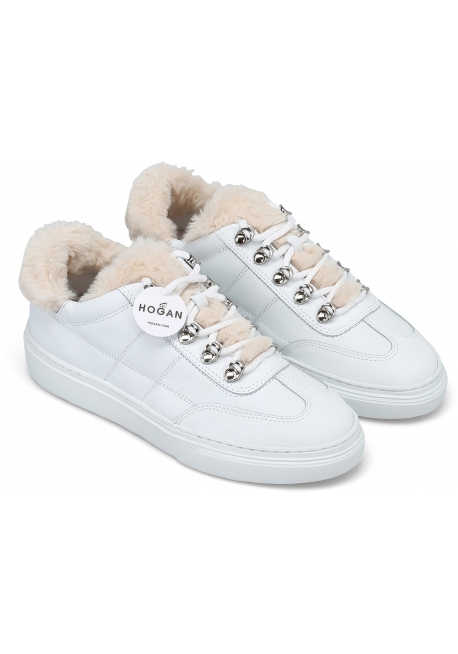 Hogan Women's fashion round toe sneakers shoes in white leather with fur