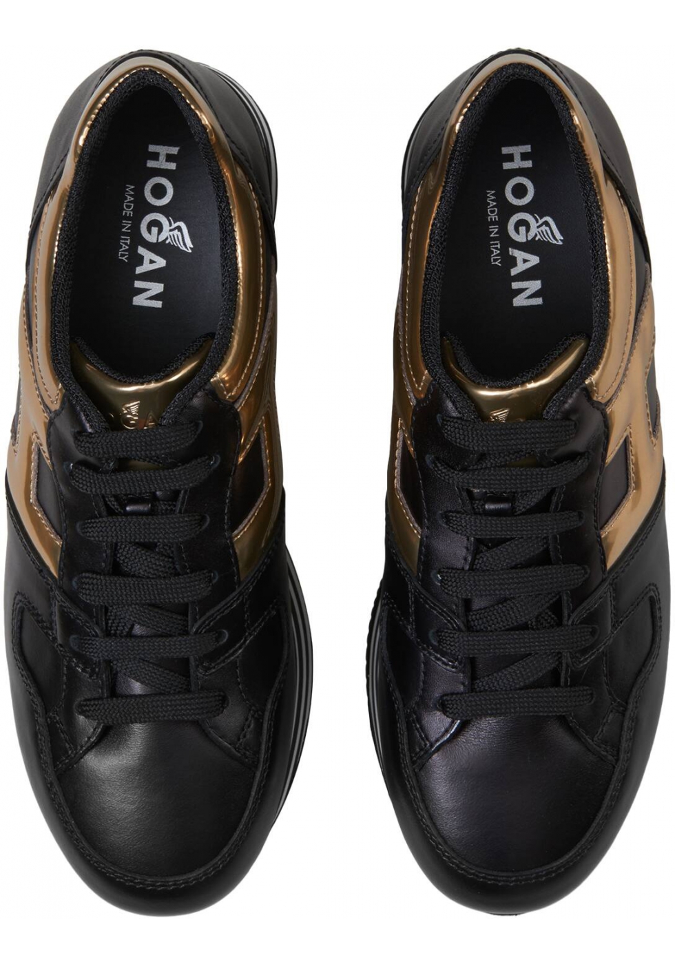 Hogan Women's wedges sneakers shoes in black leather with metallic gold ...