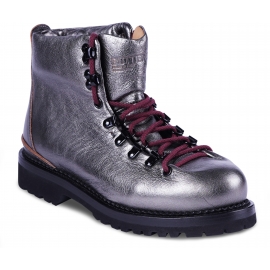 Buttero Women's lace-up ankle boots in metallic gray leather with burgundy laces