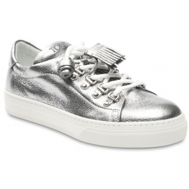 Tod's Women's fashion low top sneakers shoes in silver laminated leather with tassels