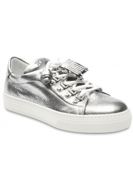 Tod's Women's fashion low top sneakers shoes in silver laminated leather with tassels
