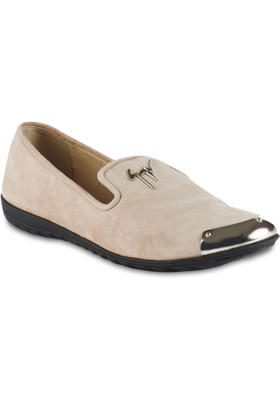 Giuseppe Zanotti Women's slip-on loafers shoes in nude suede leather with cap toe - Italian Boutique