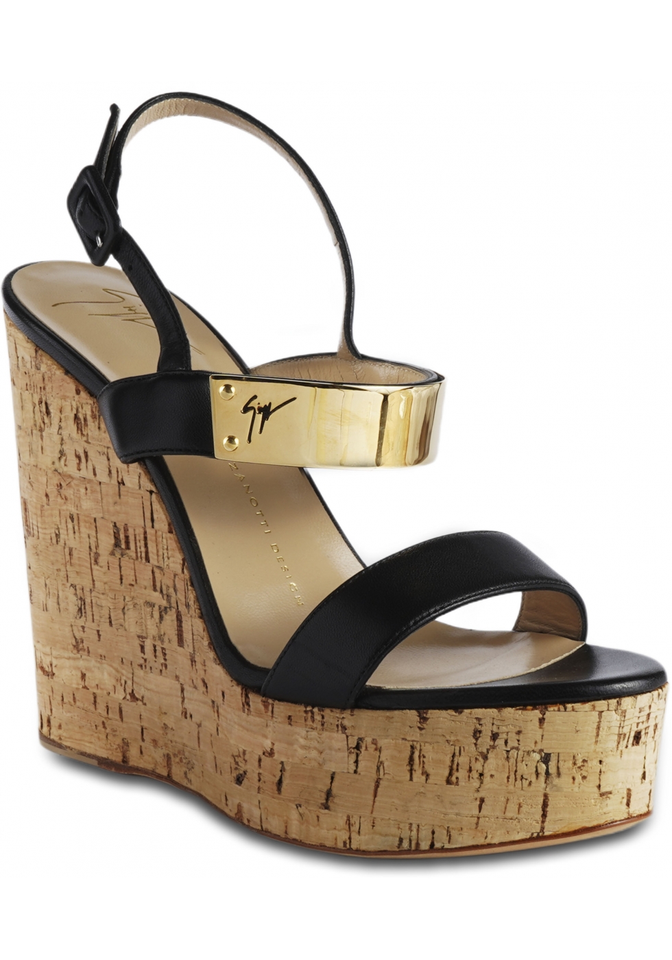 Giuseppe high wedge in matte black leather with buckle closure - Italian Boutique