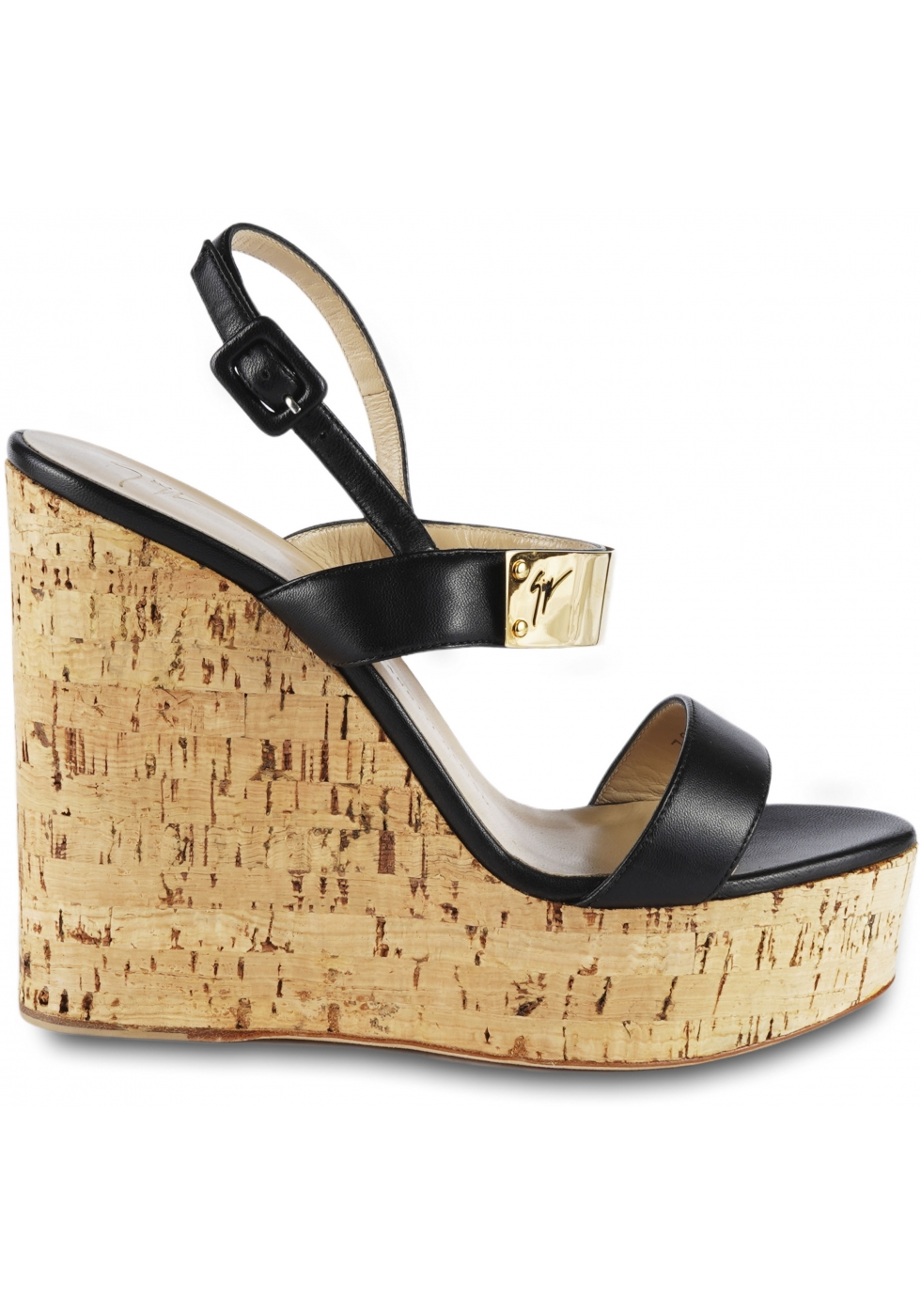 Giuseppe high wedge in matte black leather with buckle closure - Italian Boutique