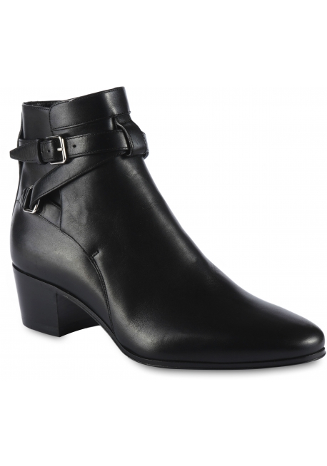 Saint Laurent Women's rounded toe ankle boots in black leather with buckles and heel