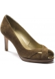 Stuart Weitzman Women's open toe pumps shoes in tan suede with golden metallic tip