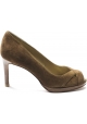 Stuart Weitzman Women's open toe pumps shoes in tan suede with golden metallic tip