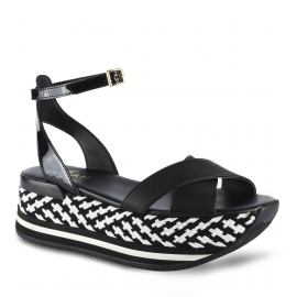 Hogan Women's platform sandals in black leather with crossed bands and ankle strap