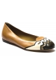 Sartore Women's slip-on ballet flats in black and white tan leather with embroidery on tip