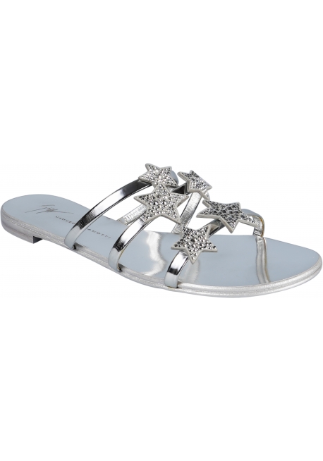 Giuseppe Zanotti Women's slip-on flat sandals in silver leather stars with rhinestones