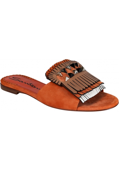Santoni Women's low sandals in terracotta suede with studs and fringes