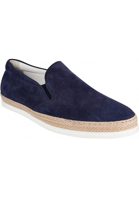 Tod's Men's slip-on loafers shoes in blue marine suede leather with raffia sole