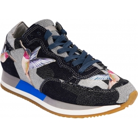 Philippe Model Women's sneakers in blue and silver tropical hummingbird print fabric