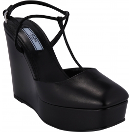 Prada Women's Sandals with square toe and wedge in black leather with buckle