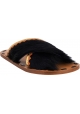 Marni Women's flat sandals in tan leather and black fur with gold and orange details
