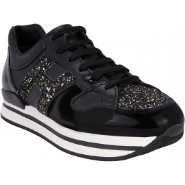 Hogan Women's sneakers shoes in black patent leather and glitter with side logo
