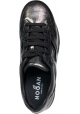 Hogan Women's wedge sneakers in lead-colored leather with side logo in patent leather