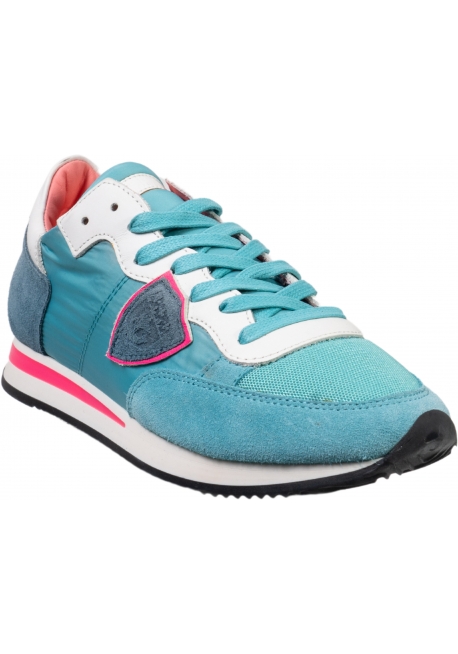 Philippe Model Women's low sneakers in suede and turquoise fabric with white and pink details