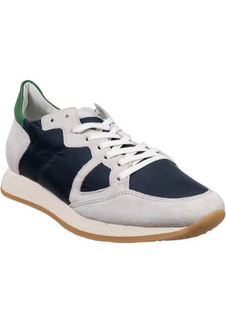 Philippe Model Men's low top sneakers in gray suede leather and blue fabric with green detail