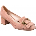 Tod's Women's pump with low heel in powder pink suede leather with horsebit and fringe