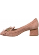 Tod's Women's pump with low heel in powder pink suede leather with horsebit and fringe