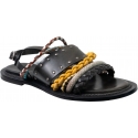 Sartore Women's flat sandals in black leather and multicolor braided rope with buckle closure
