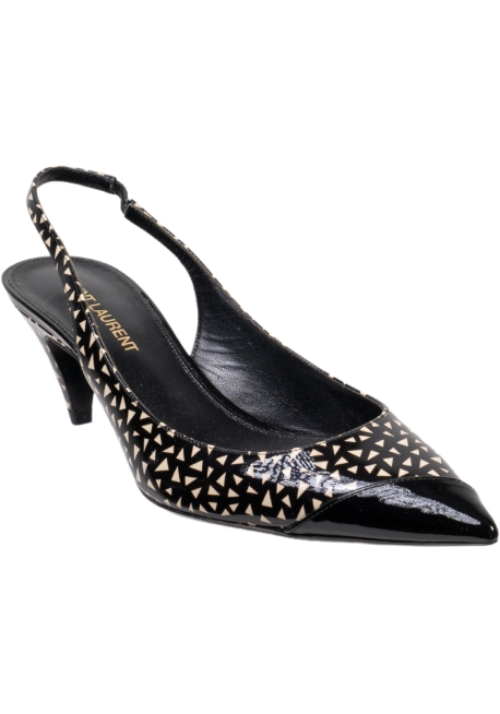Saint Laurent Women's slingback pump in black patent leather with white triangles