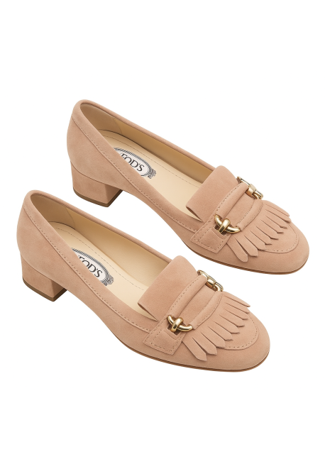 Tod's Women's pumps with low heels in beige suede leather with horsebit and fringe