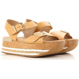 Hogan flat wedges sandals shoes in tan leather