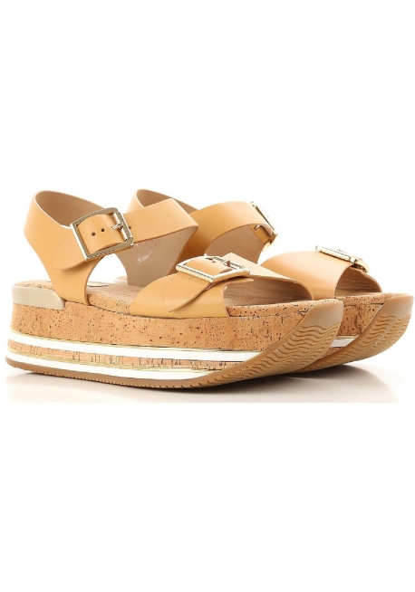 Hogan flat wedges sandals shoes in tan leather