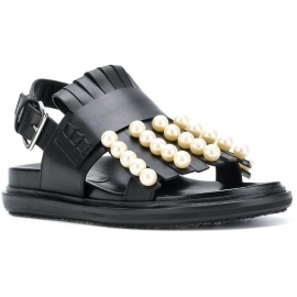 Marni flat slingback sandals in black leather with pearls