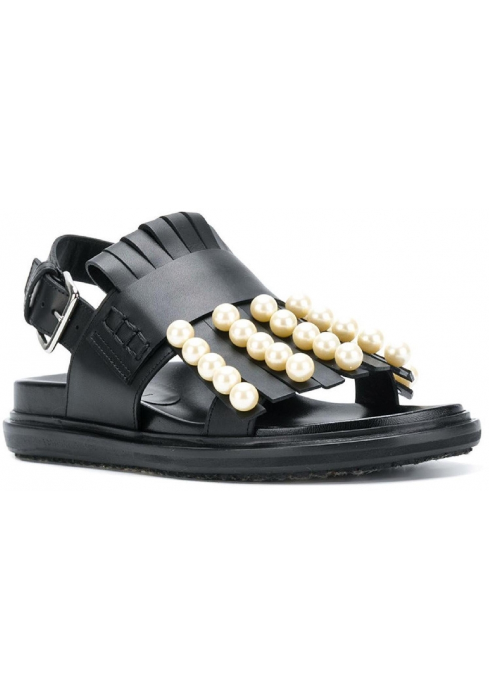 Marni flat slingback sandals in black leather with pearls - Italian ...