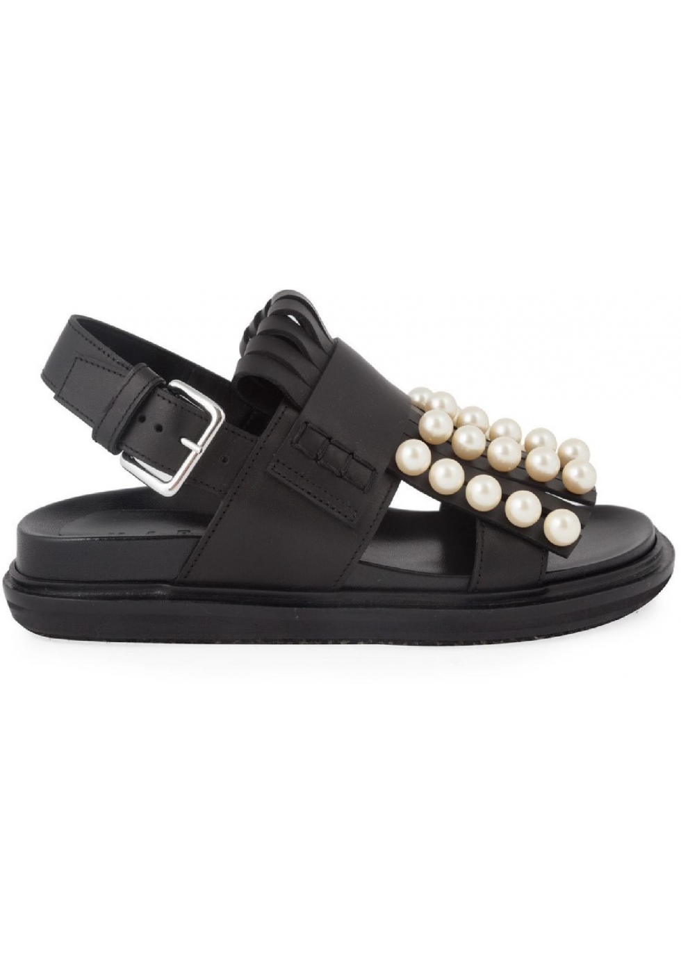 Marni flat slingback sandals in black leather with pearls - Italian ...