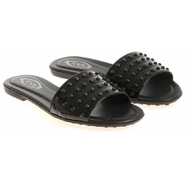 Tod's black patent leather flat slade sandals with studs