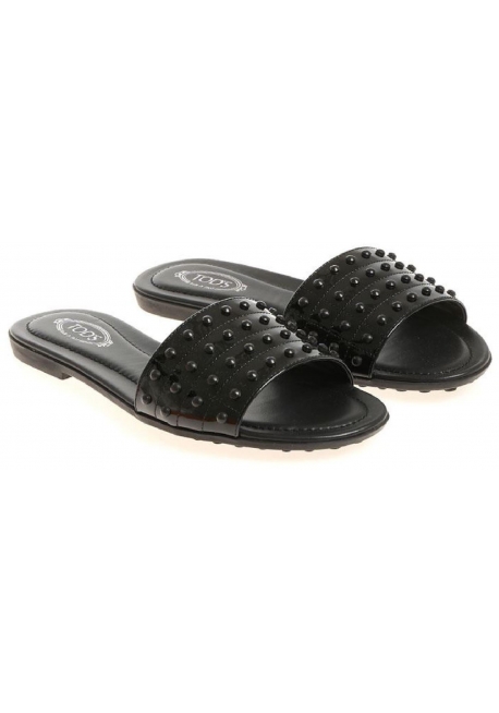 Tod's black patent leather flat slade sandals with studs