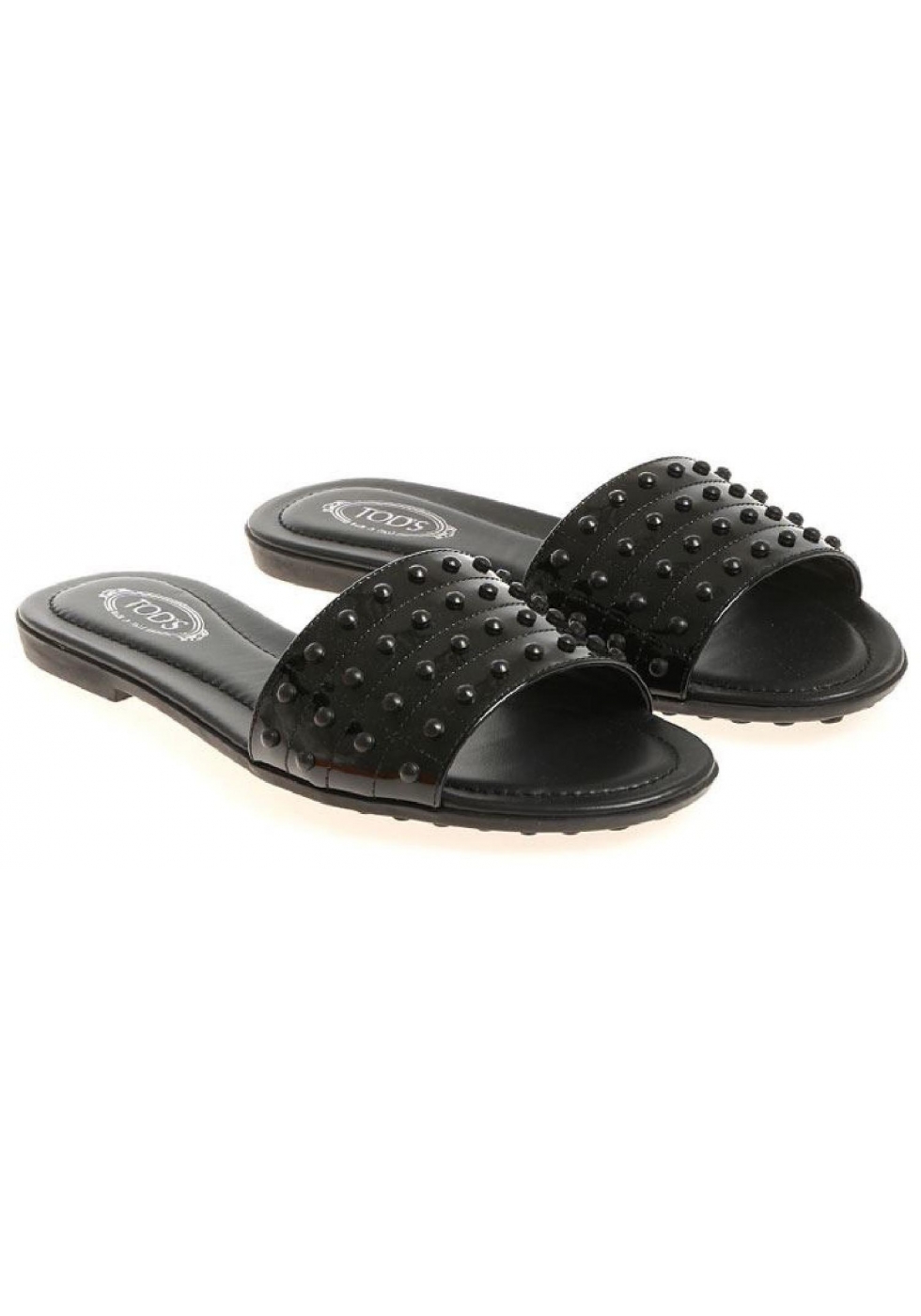 skarp hyppigt Overskæg Tod's black patent leather flat slade sandals with studs - Italian Boutique