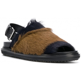 Marni women flat sandals in black and brown Fur with rear buckle