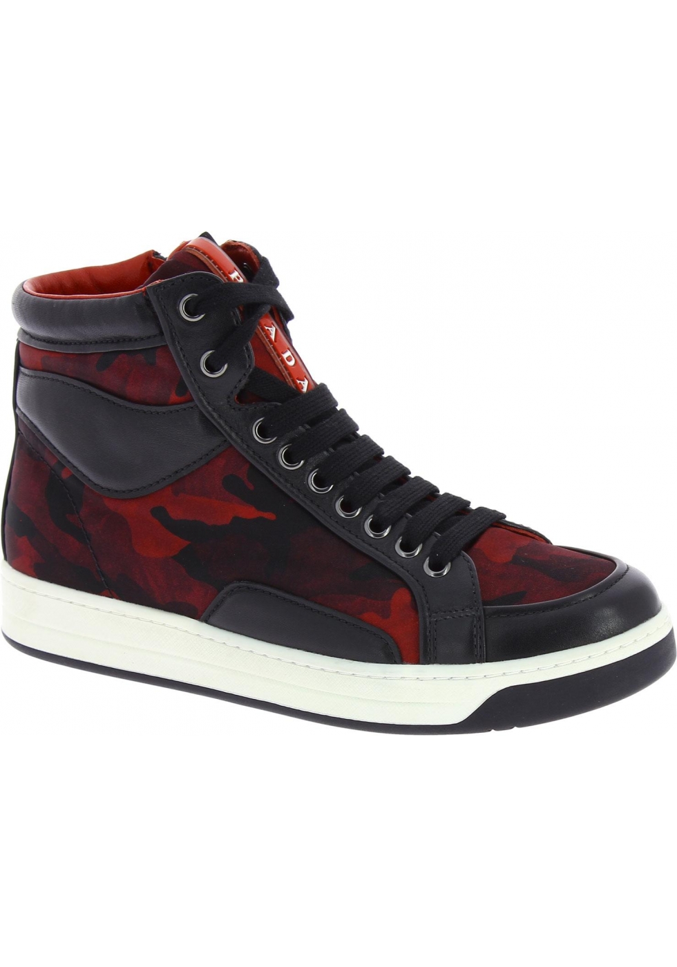 Prada Women&#39;s high top camouflage print sneakers in red/black Leather Fabric - Italian Boutique