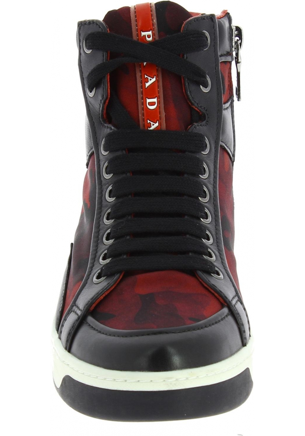 Prada Women&#39;s high top camouflage print sneakers in red/black Leather Fabric - Italian Boutique